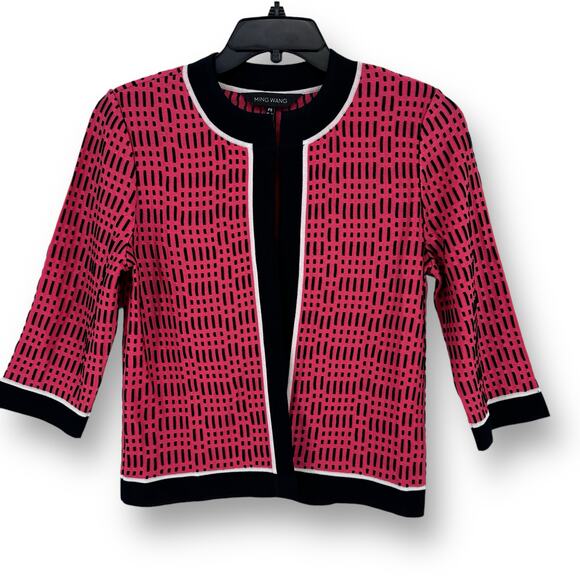 Ming Wang Open Front Cardigan Jacket Womens Sz PS Petite Small Hot Pink Black - Picture 1 of 7